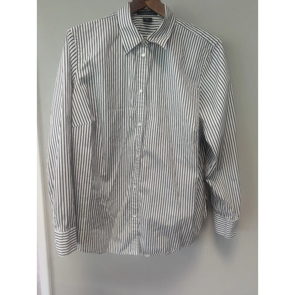 Lauren Ralph Lauren Womens 1X Blue White Striped‎ Cotton Button Front Shirt